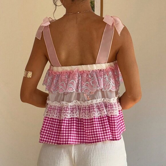 Pink Boho Women's Vacation Plaid multi print Lace Splicing Camisole top - Picture 2 of 7